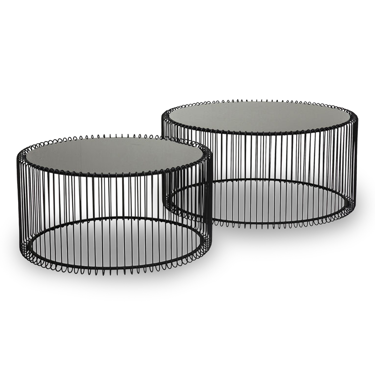 BEN Black Wire Coffee Table Set with glass tops and minimalist wireframe bases (set of 2).
