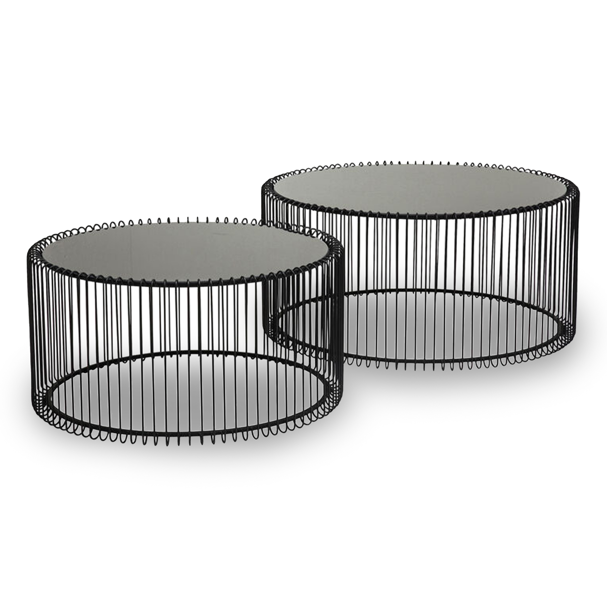 BEN Black Wire Coffee Table Set with glass tops and minimalist wireframe bases (set of 2).