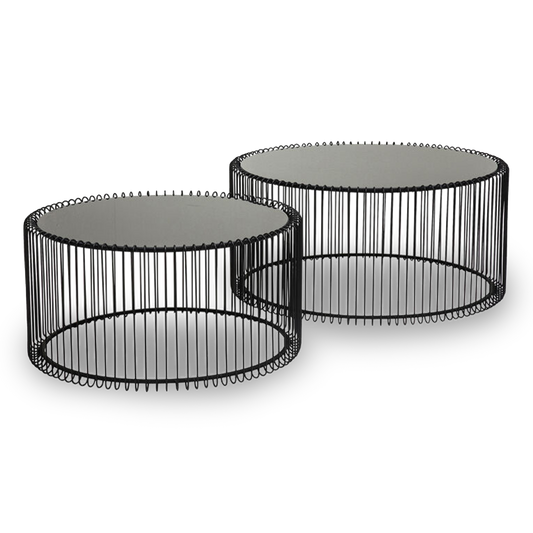 BEN Black Wire Coffee Table Set with glass tops and minimalist wireframe bases (set of 2).