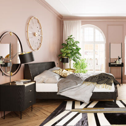 Round wall ARIANA mirror with black metal frame and gold accents, 90cm diameter.