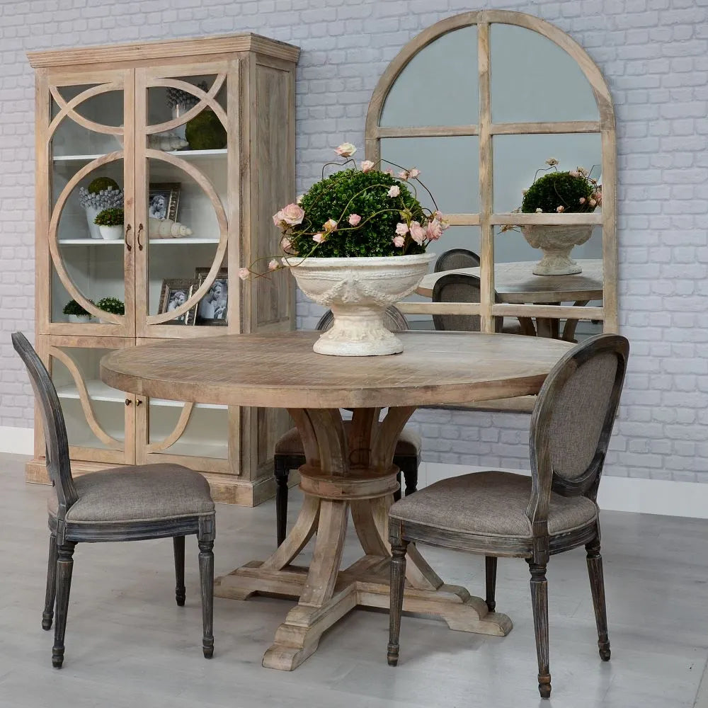 Dario Dining Table Round White Pickling with vintage finish and carved pedestal base, 150 cm diameter