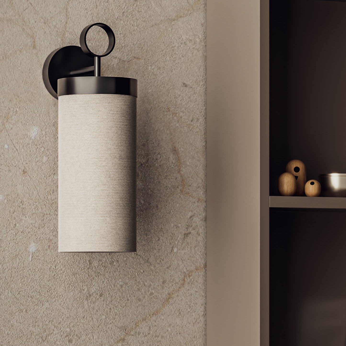 MATT Wall Lamp with matt black metal frame, cream linen shade, and opal acrylic diffuser