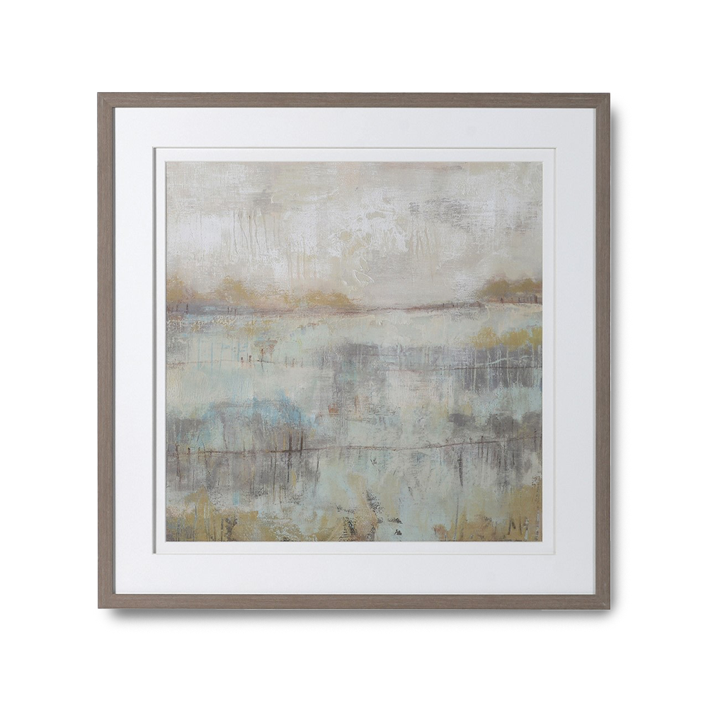Tranquil landscape wall art with soft muted tones and neutral frame, KATY Abstract Picture.