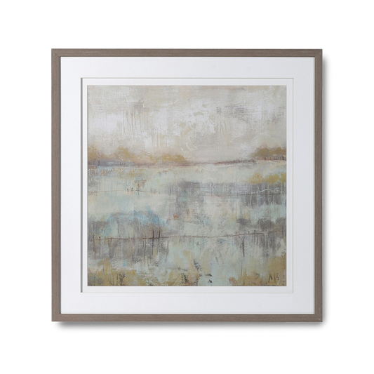 Tranquil landscape wall art with soft muted tones and neutral frame, KATY Abstract Picture.