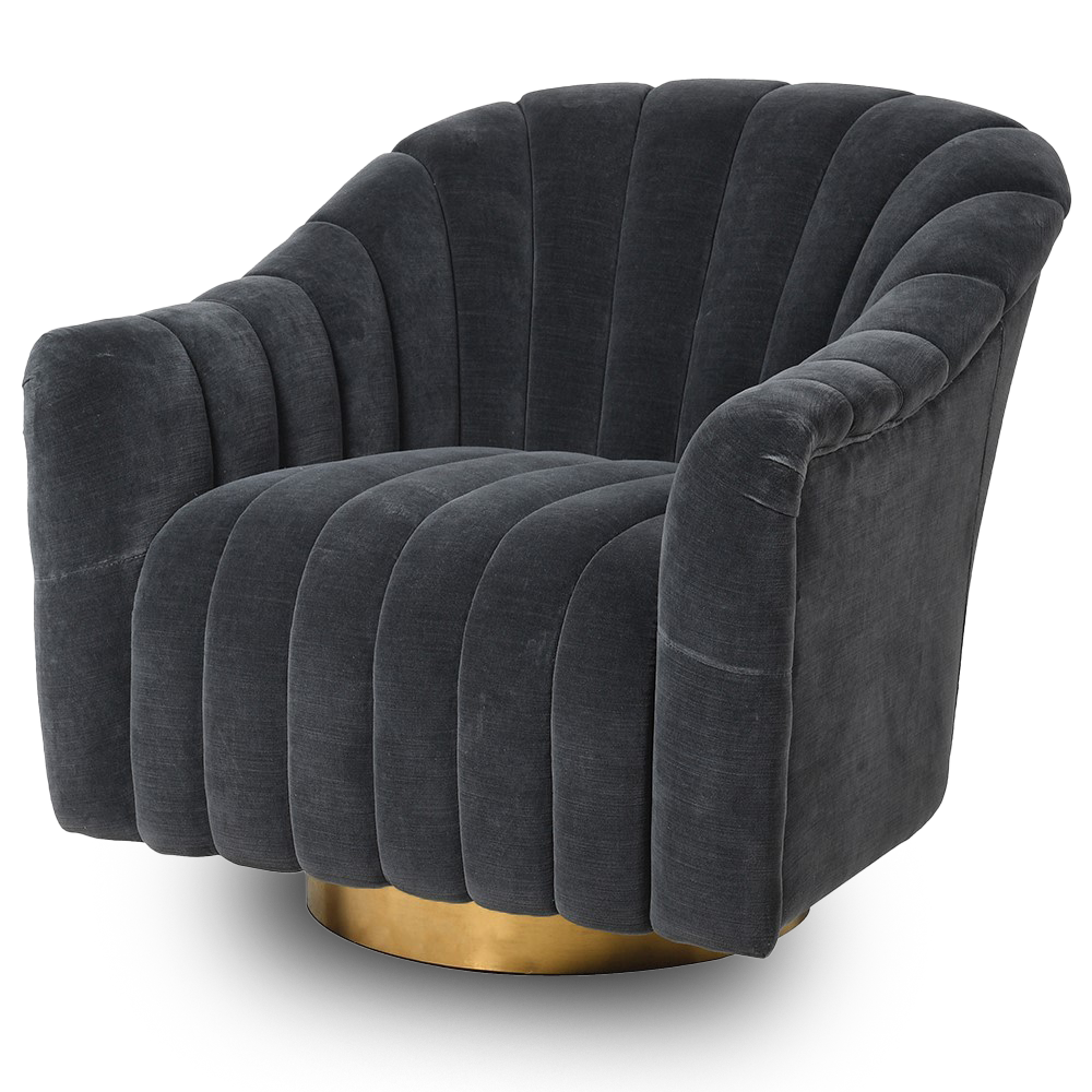 TIMOTHÉE Grey Club Chair with velvet upholstery, channel-tufted design, curved silhouette, and gold accent base for a modern luxe appeal.