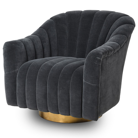 TIMOTHÉE Grey Club Chair with velvet upholstery, channel-tufted design, curved silhouette, and gold accent base for a modern luxe appeal.