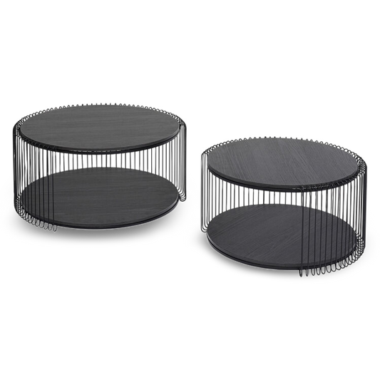 Modern JARED Black Wood Wire Coffee Table Set with double-layer storage and bold wireframe design.