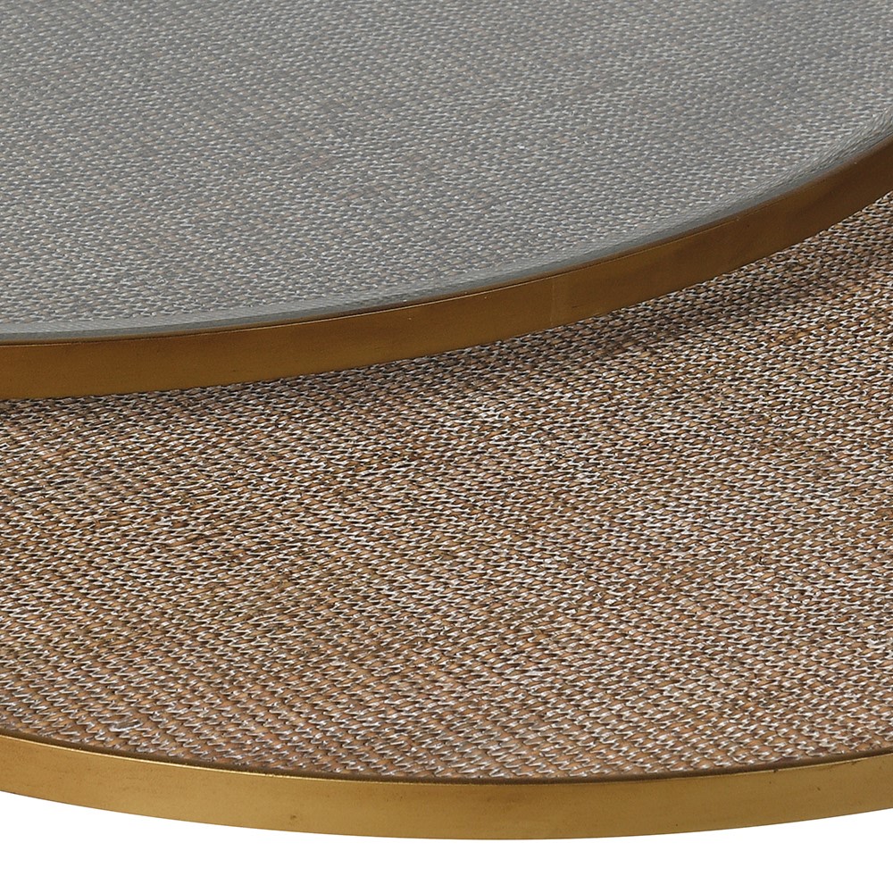 BLAKE 2 Round Coffee Tables Aged Gold and Rattan Round Coffee Tables, nest of two with tempered glass tops and ornate iron frames