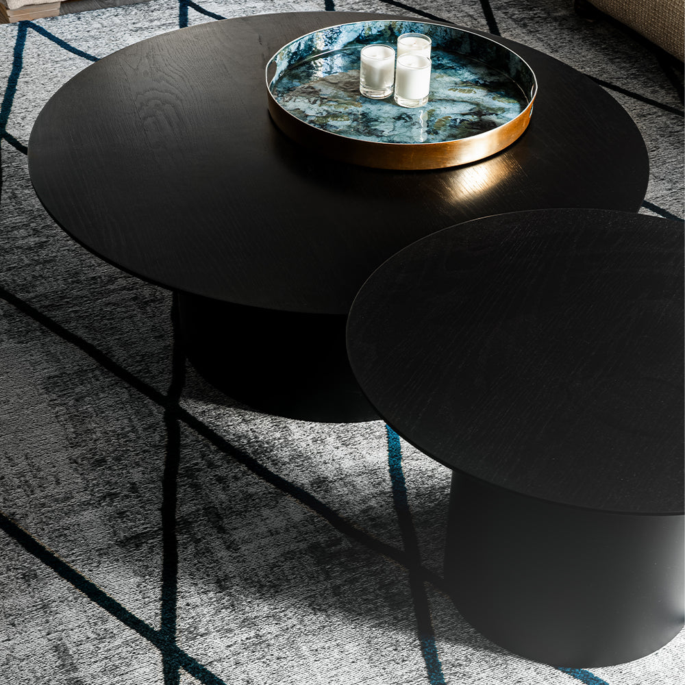 RYAN Set of 2 black round coffee tables with modern minimalist design.