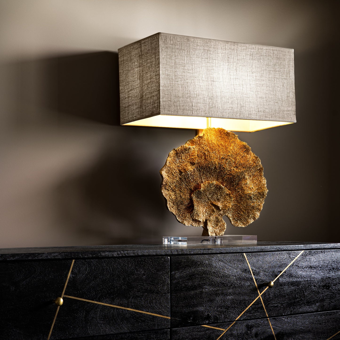 BILL Gold Coral Table Lamp with soft grey textured linen shade on acrylic base, modern coastal design.