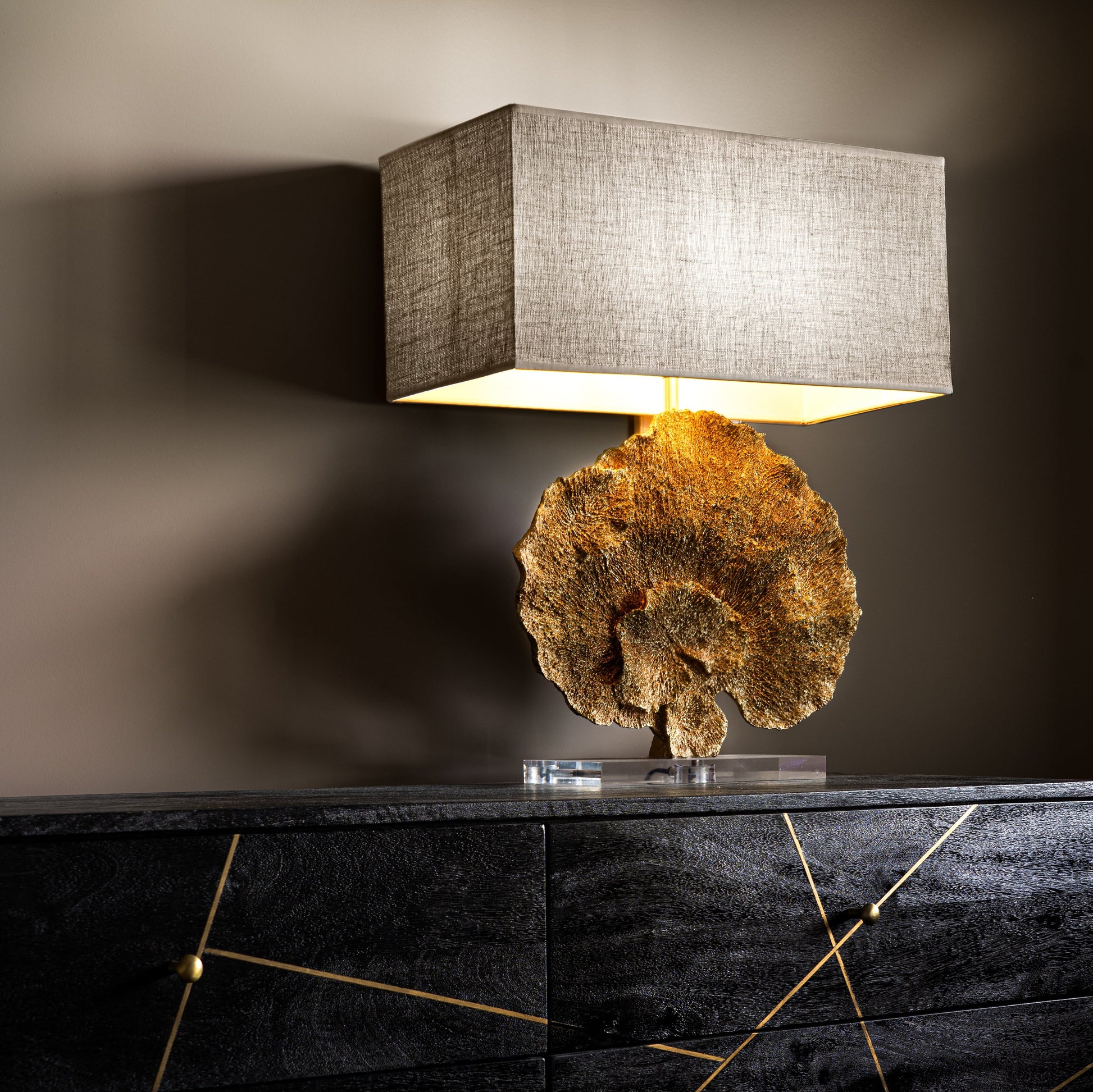 BILL Gold Coral Table Lamp with soft grey textured linen shade on acrylic base, modern coastal design.