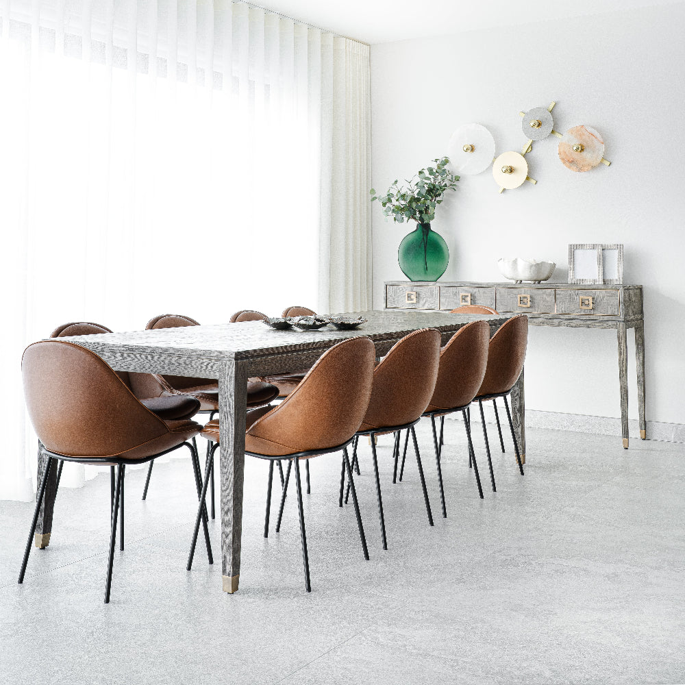 Mireda Square Dining Table in oak with brass inlay details, perfect for adding a modern yet retro touch to your dining area