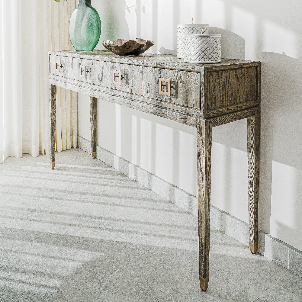 LEONARDO Square Console Table with grey oak finish and gold hardware