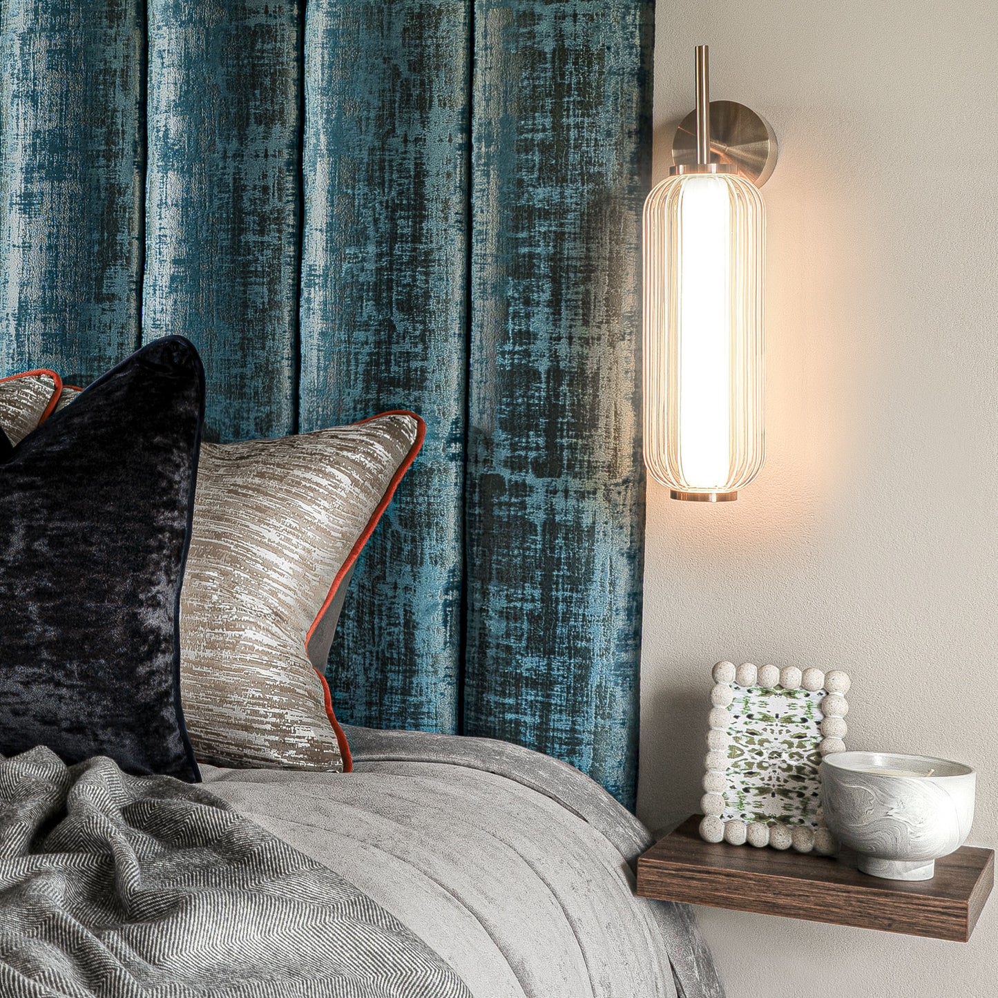 AMY Wall Lamp in matte black with striped glass or antique gold with opal acrylic shade