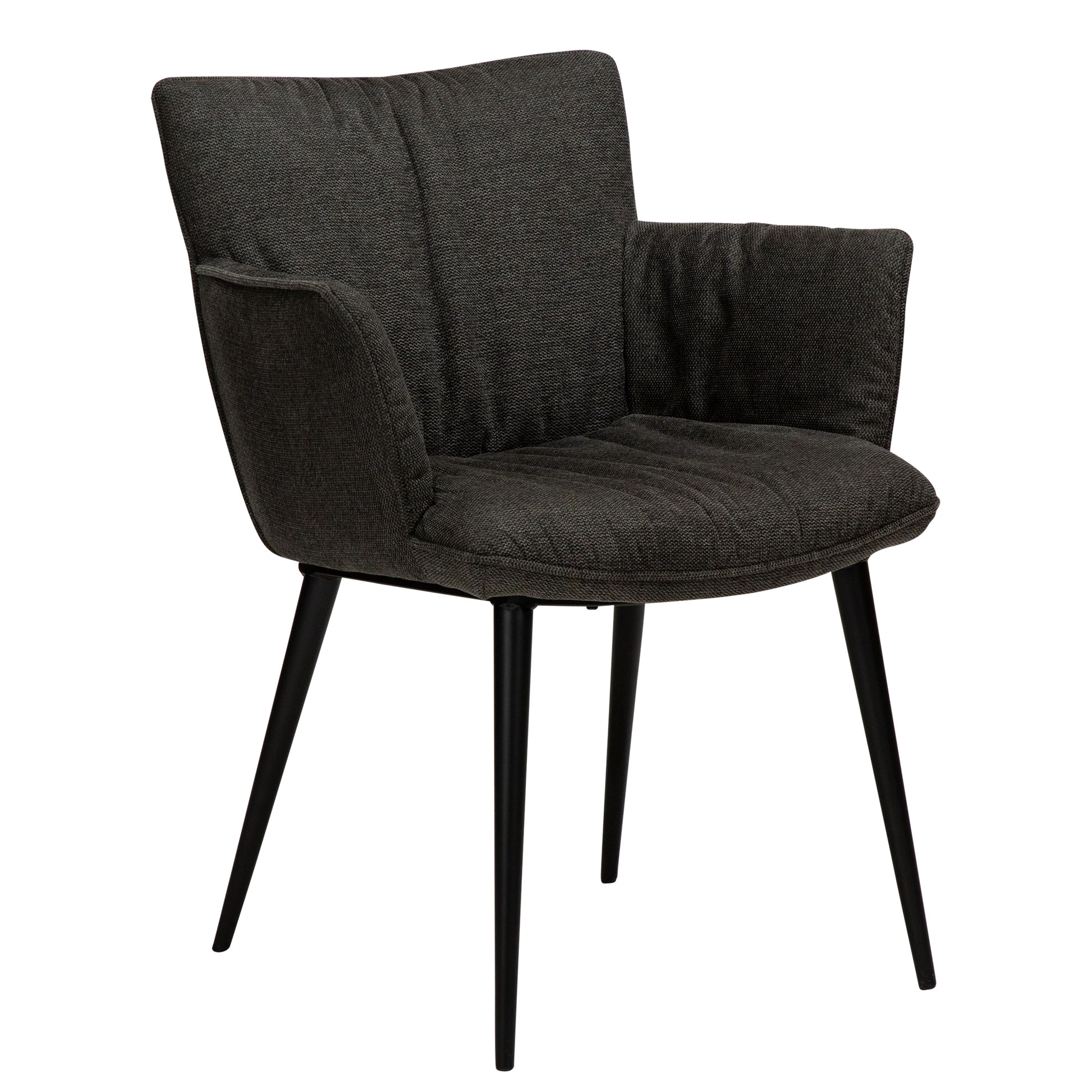 DWAYNE Armchair in crow black fabric with black metal legs, perfect for a modern interior setting