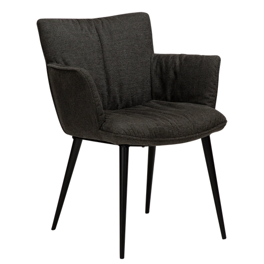 DWAYNE Armchair in crow black fabric with black metal legs, perfect for a modern interior setting