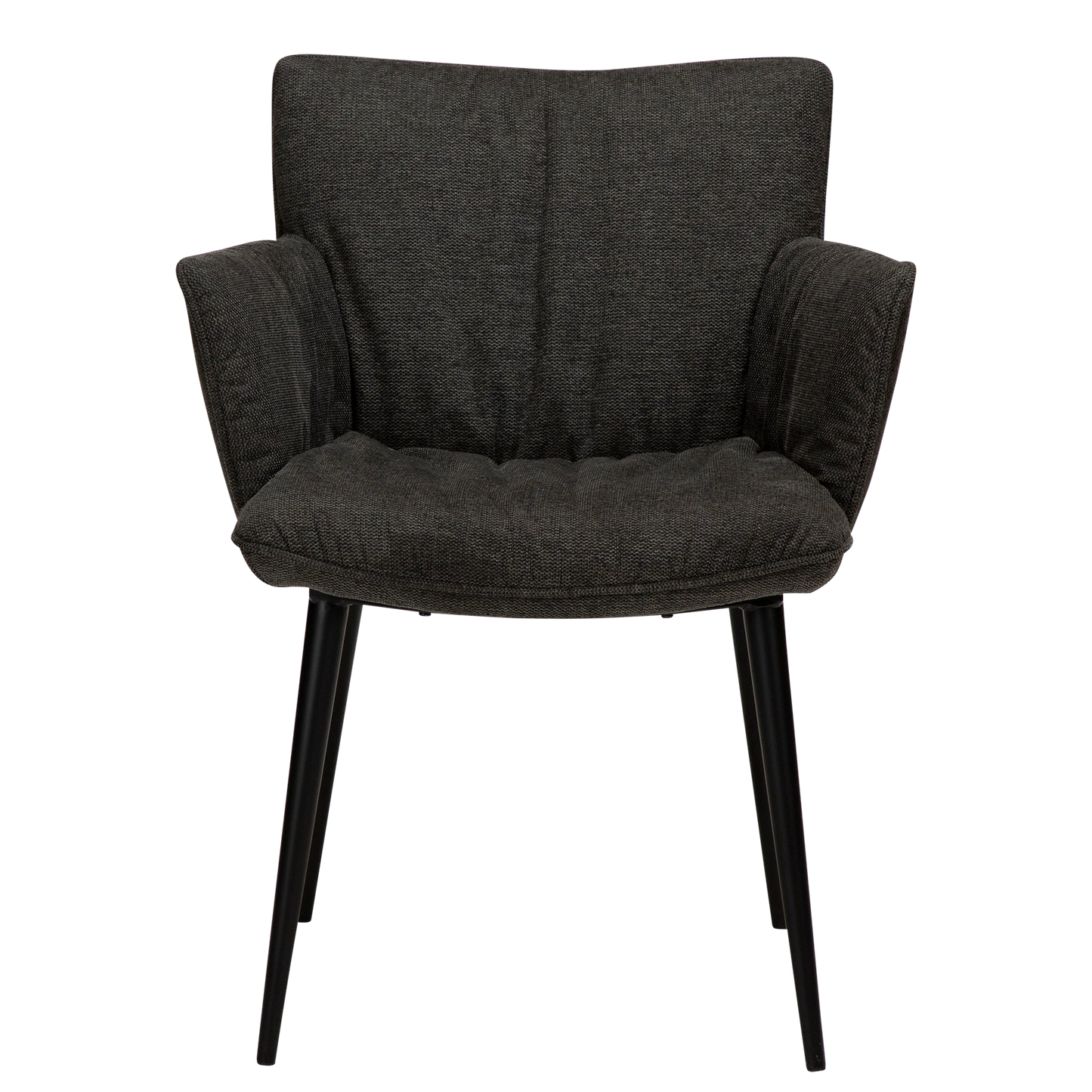 DWAYNE Armchair in crow black fabric with black metal legs, perfect for a modern interior setting