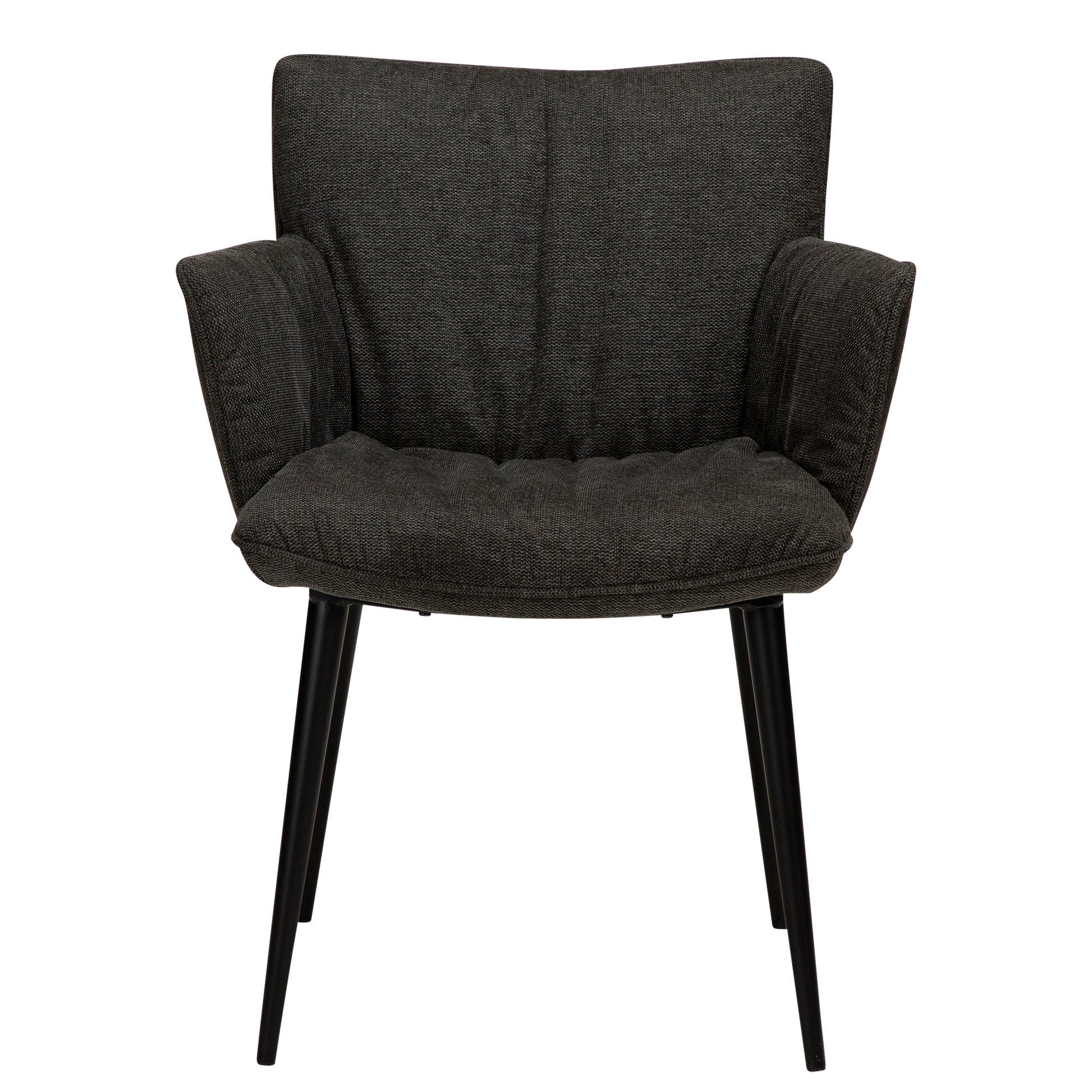 DWAYNE Armchair in crow black fabric with black metal legs, perfect for a modern interior setting