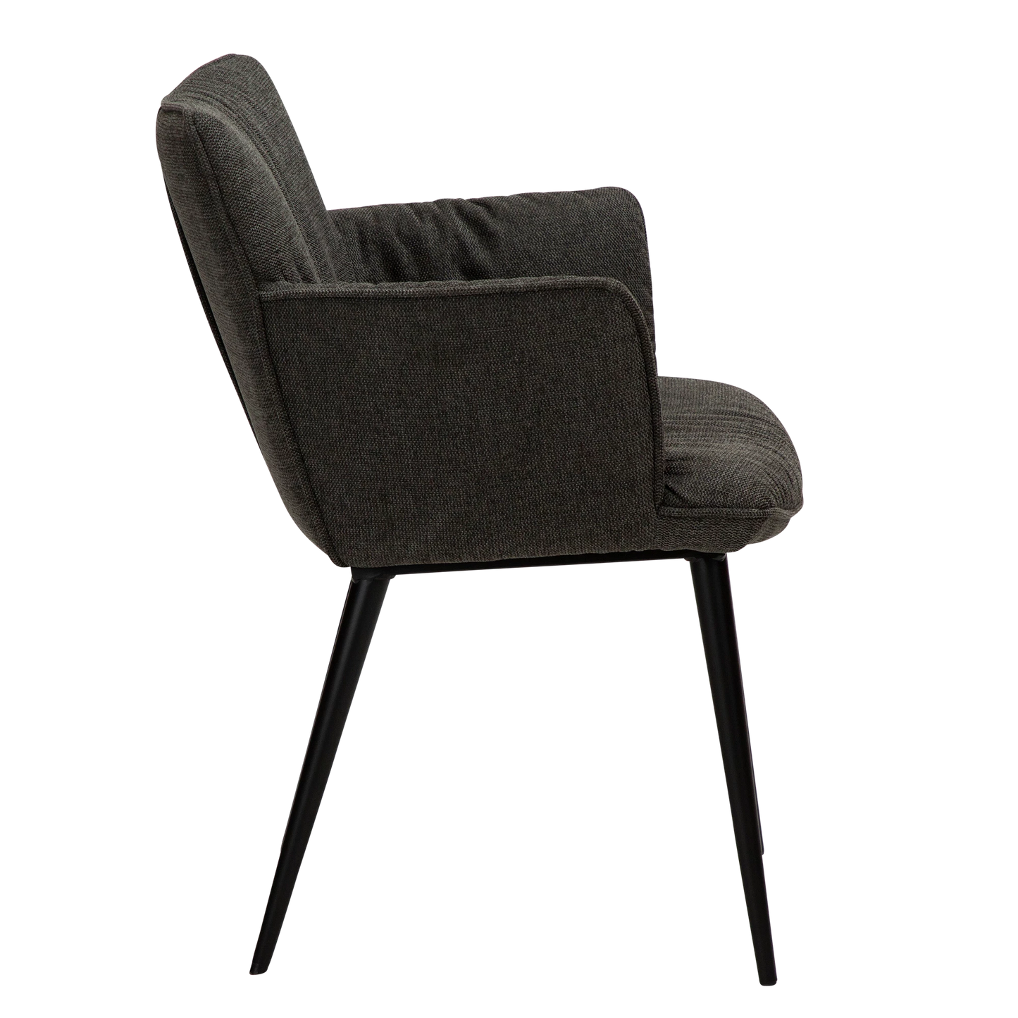 DWAYNE Armchair in crow black fabric with black metal legs, perfect for a modern interior setting