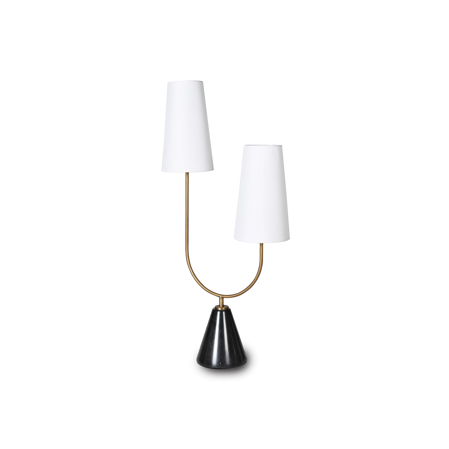 OLIVIA Twin Marble Table Lamp with black marble base and white fabric shades in a modern design.