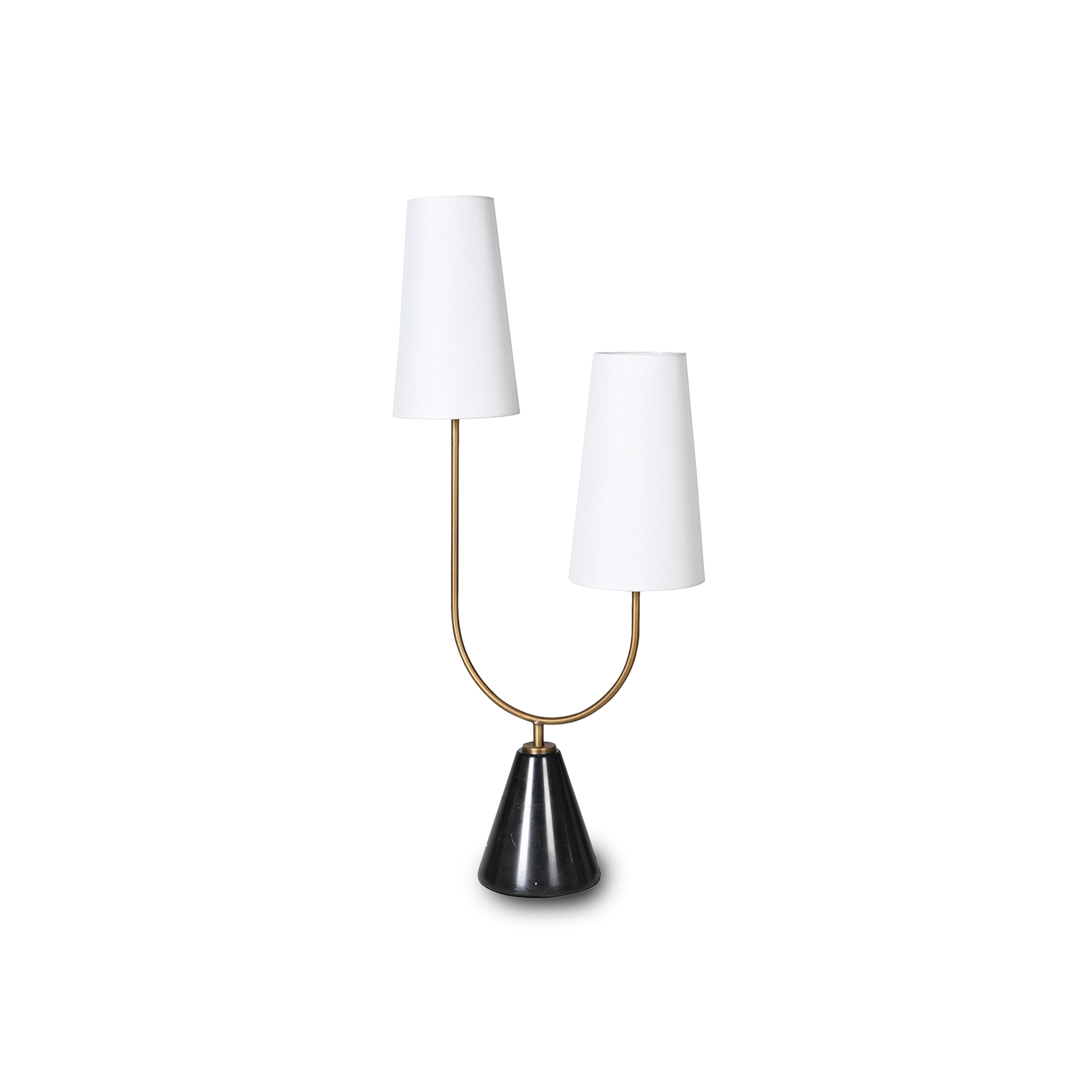 OLIVIA Twin Marble Table Lamp with black marble base and white fabric shades in a modern design.