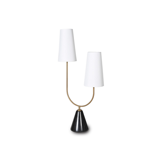 OLIVIA Twin Marble Table Lamp with black marble base and white fabric shades in a modern design.