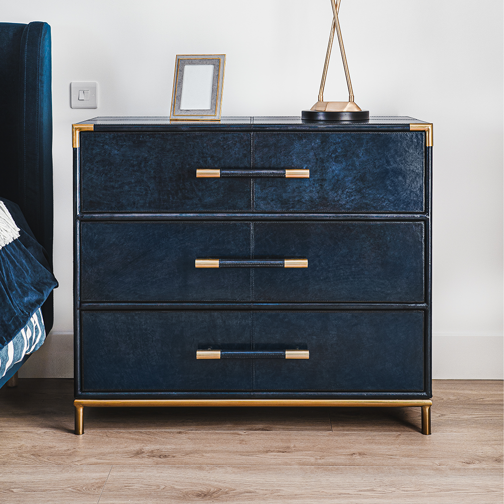 MILLIE Chest with 3 drawers, brass accents, and a luxurious neutral finish.