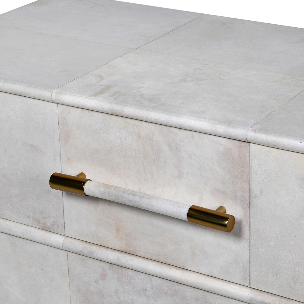 MILLIE Chest with 3 drawers, brass accents, and a luxurious neutral finish.