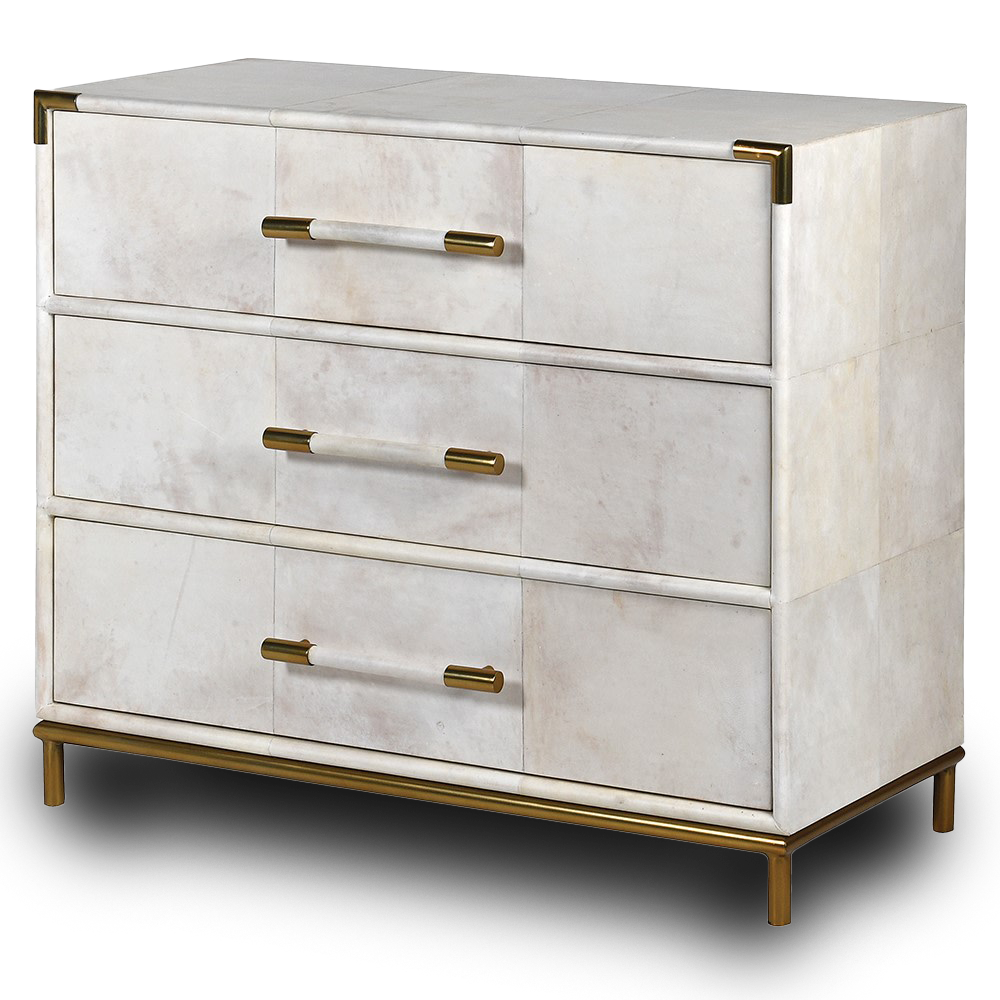 MILLIE Chest with 3 drawers, brass accents, and a luxurious neutral finish.