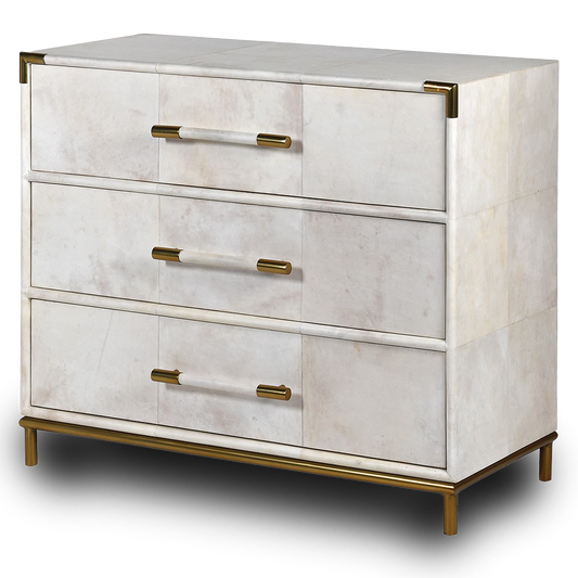 MILLIE Chest with 3 drawers, brass accents, and a luxurious neutral finish.
