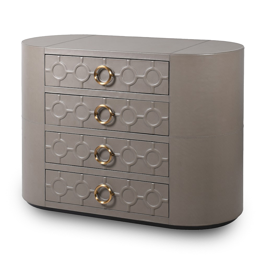 Luxury BOBBY leather 4-drawer chest in mushroom tone with brass ring handles.