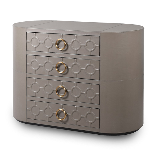 Luxury BOBBY leather 4-drawer chest in mushroom tone with brass ring handles.