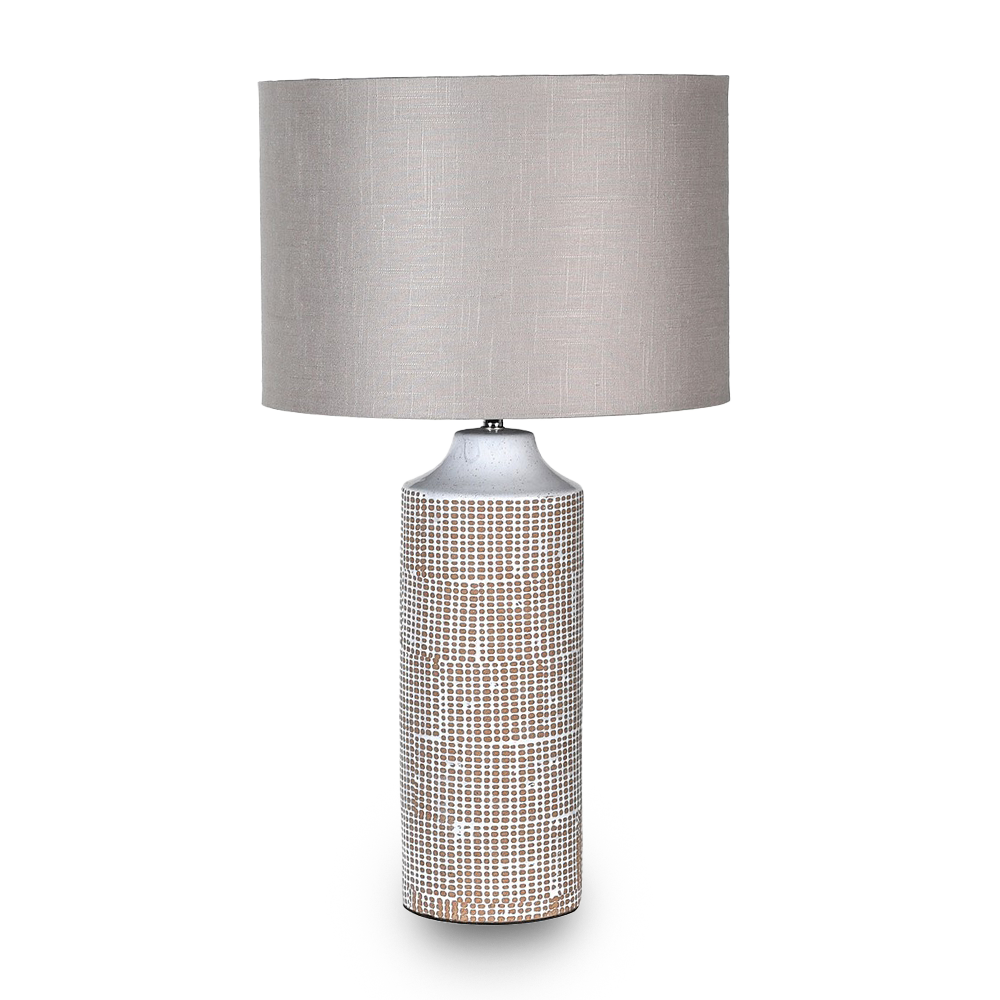 TOM Grid patterned ceramic table lamp with soft grey linen shade for modern interiors.