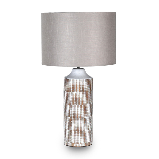 TOM Grid patterned ceramic table lamp with soft grey linen shade for modern interiors.