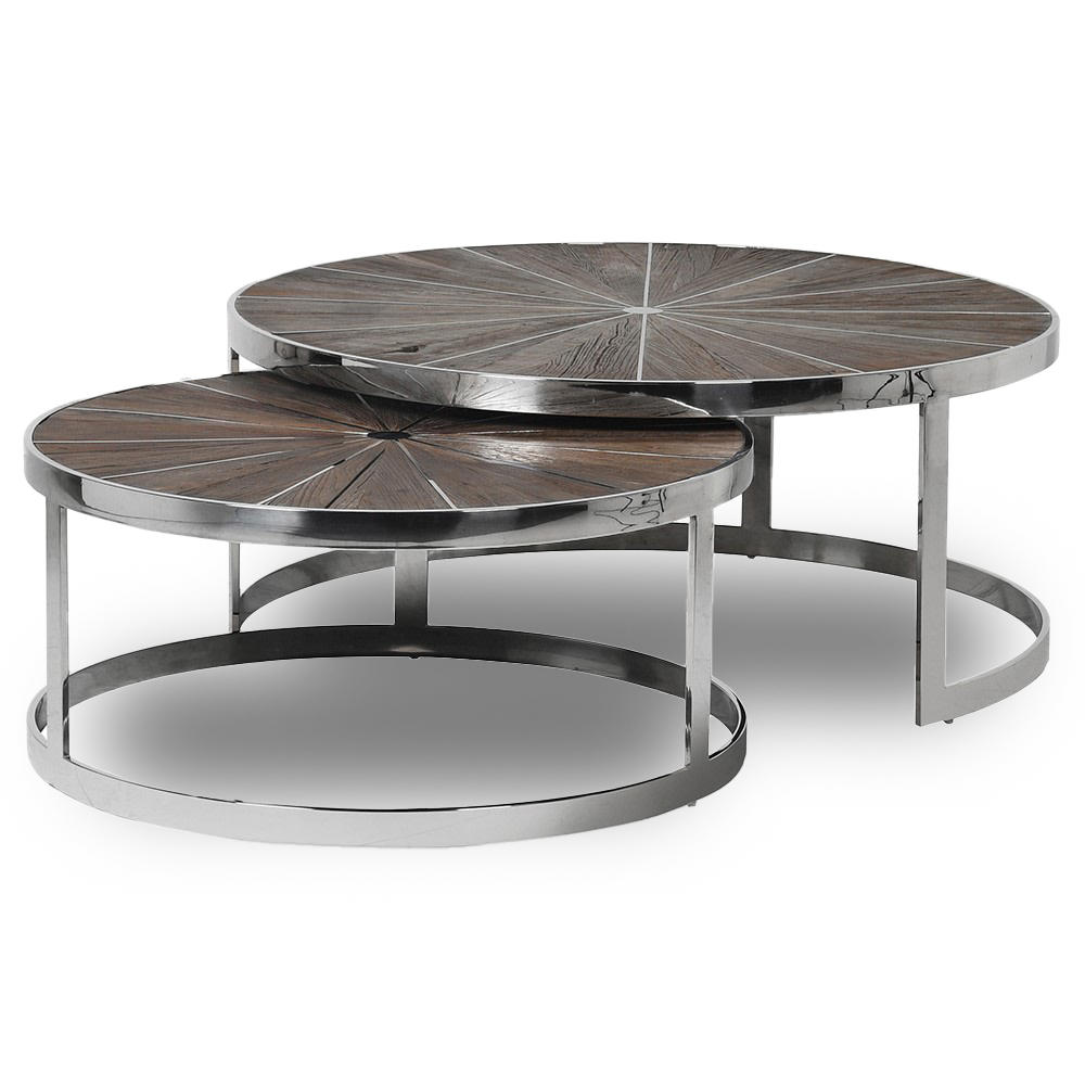 TAYLOR Nest of two reclaimed elm coffee tables with sunburst design tops and polished steel frames, perfect for modern living spaces.