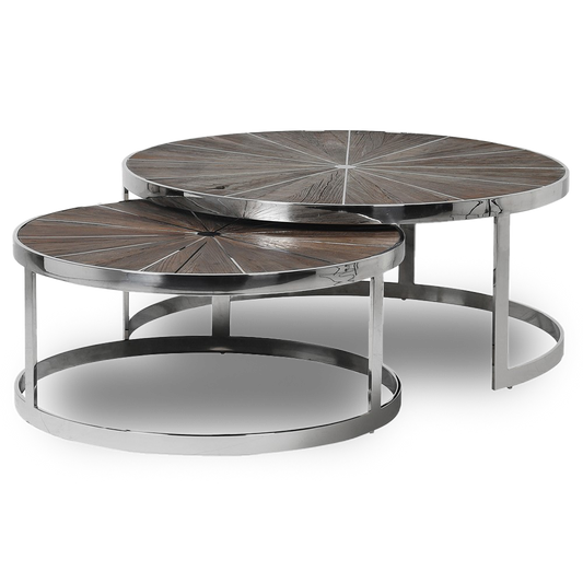 TAYLOR Nest of two reclaimed elm coffee tables with sunburst design tops and polished steel frames, perfect for modern living spaces.