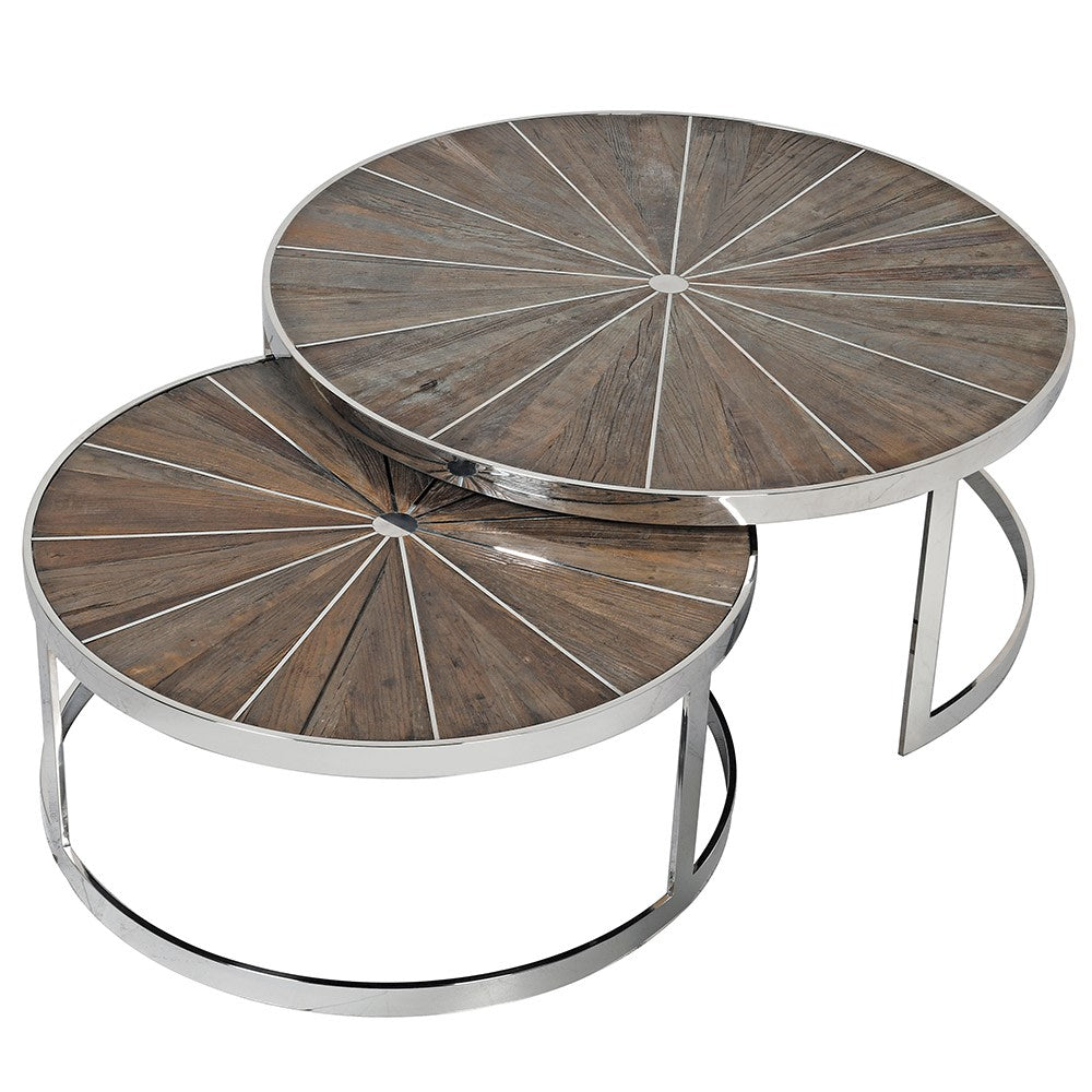 TAYLOR Nest of two reclaimed elm coffee tables with sunburst design tops and polished steel frames, perfect for modern living spaces.