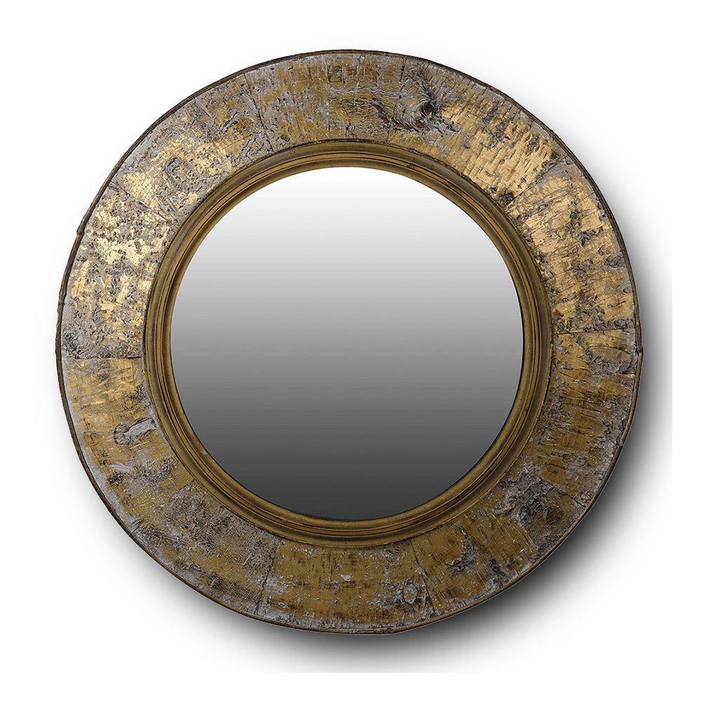 BRAD Round mirror with bark-textured antique gold frame.