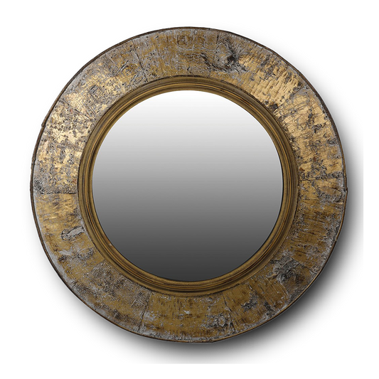 BRAD Round mirror with bark-textured antique gold frame.