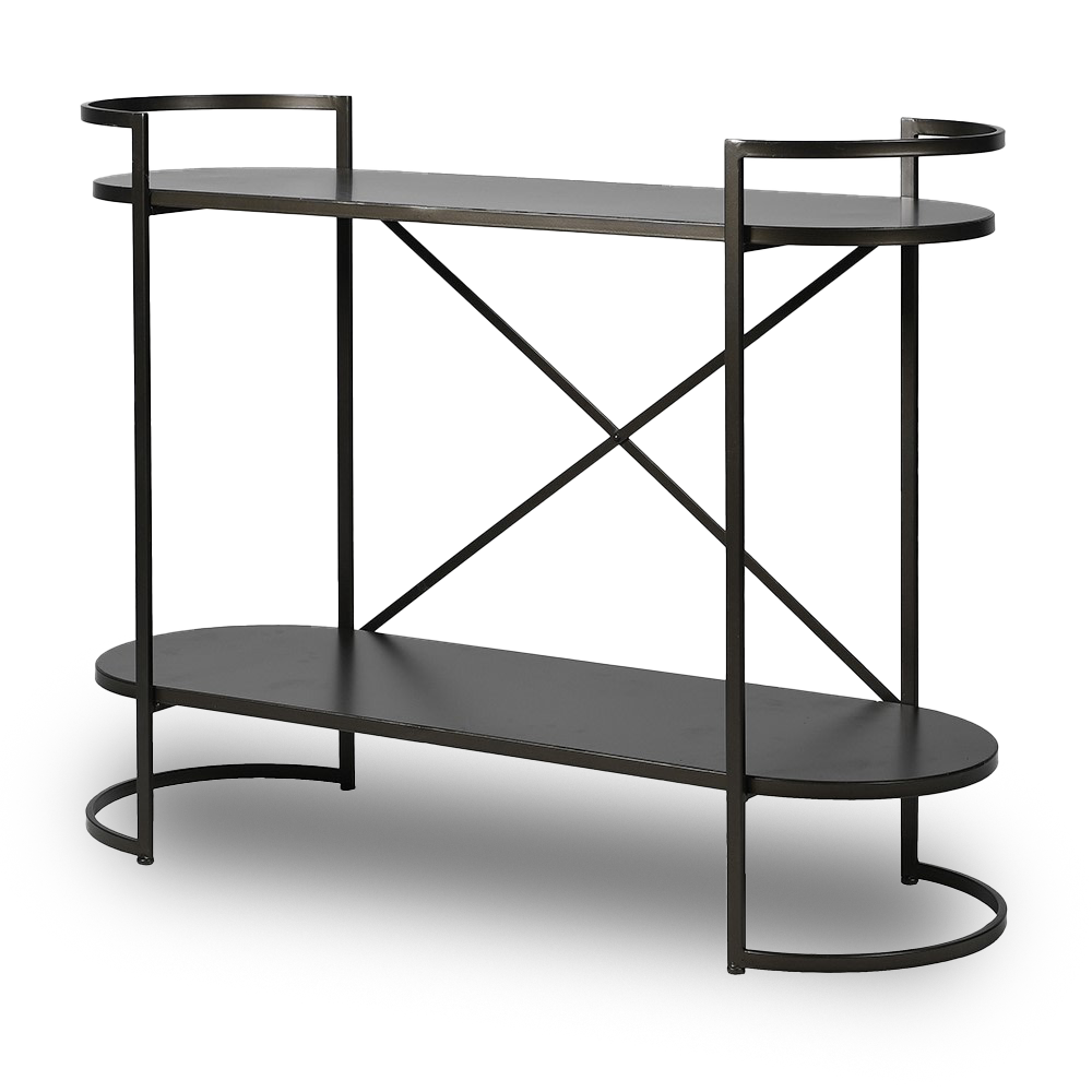 BILLIE Aged Black Shelf Unit with two-tier storage and curved edge design