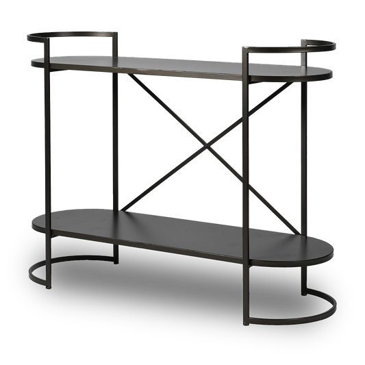 BILLIE Aged Black Shelf Unit with two-tier storage and curved edge design