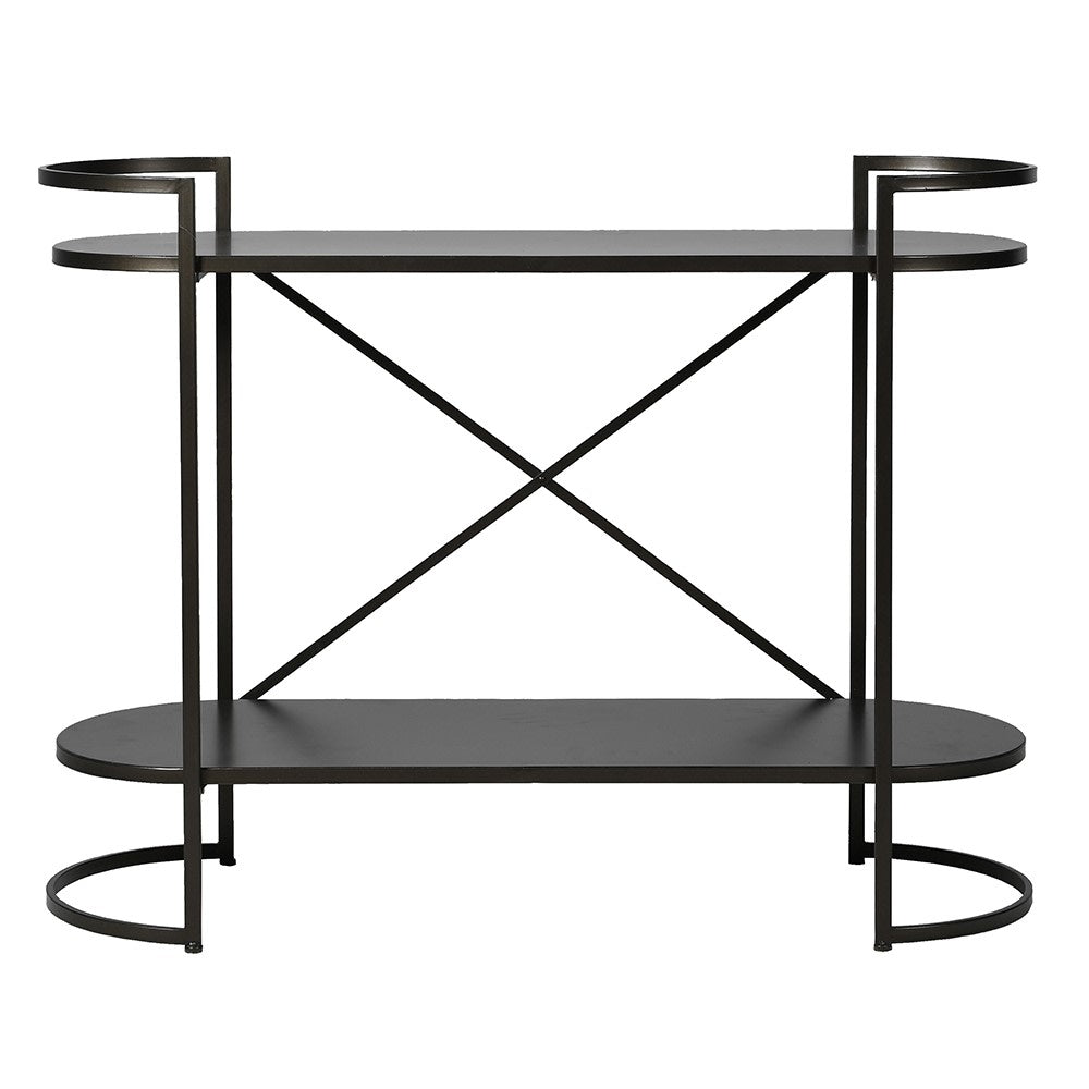 BILLIE Aged Black Shelf Unit with two-tier storage and curved edge design