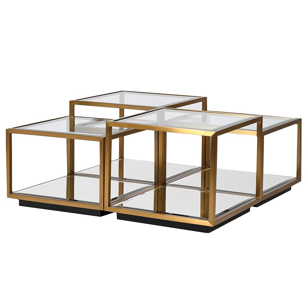 SHAWN Modular coffee table with tempered glass tops and gold metal frame, featuring a multi-level design for versatile and stylish living.