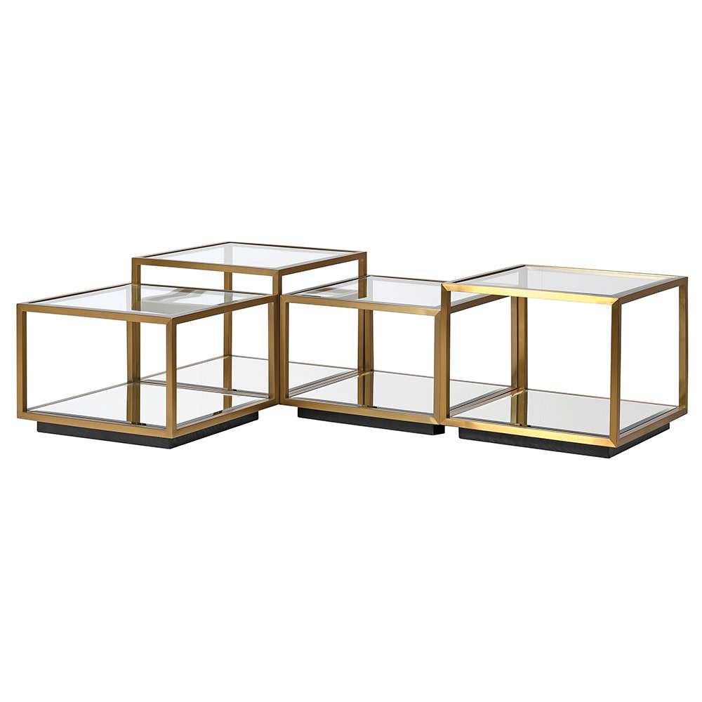 SHAWN Modular coffee table with tempered glass tops and gold metal frame, featuring a multi-level design for versatile and stylish living.
