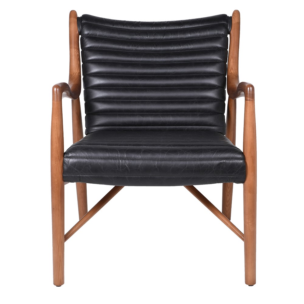 JASON Black Ribbed Leather Armchair with walnut wood frame, sleek mid-century modern design, and premium black ribbed leather upholstery.