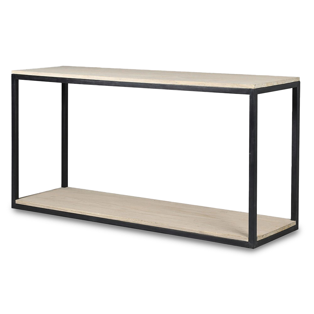 JENNIFER Rustic console unit with black iron frame and weathered wooden shelves for minimalist industrial interiors.
