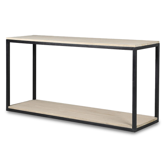 JENNIFER Rustic console unit with black iron frame and weathered wooden shelves for minimalist industrial interiors.