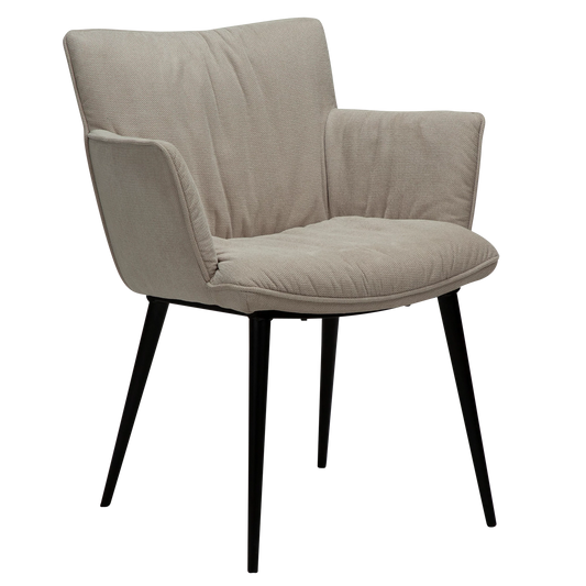 JUSTIN Armchair in desert sand fabric with sleek black metal legs, designed by Says Who