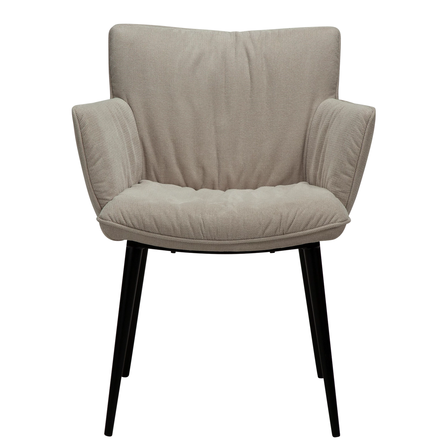 JUSTIN Armchair in desert sand fabric with sleek black metal legs, designed by Says Who