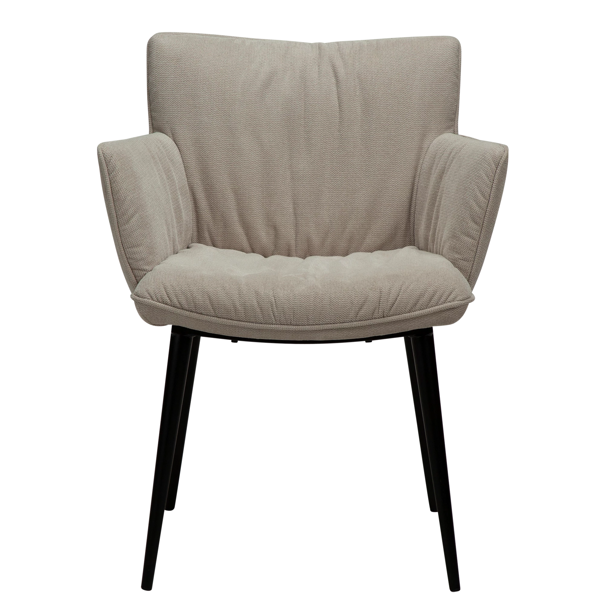 JUSTIN Armchair in desert sand fabric with sleek black metal legs, designed by Says Who